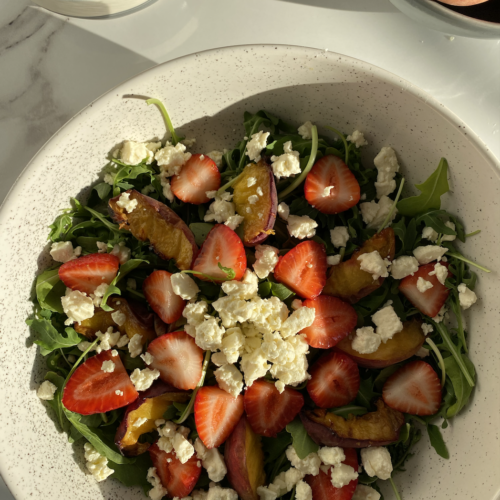 Butter Lettuce and Broiled Peach Salad with Sheep's Cheese Toasts